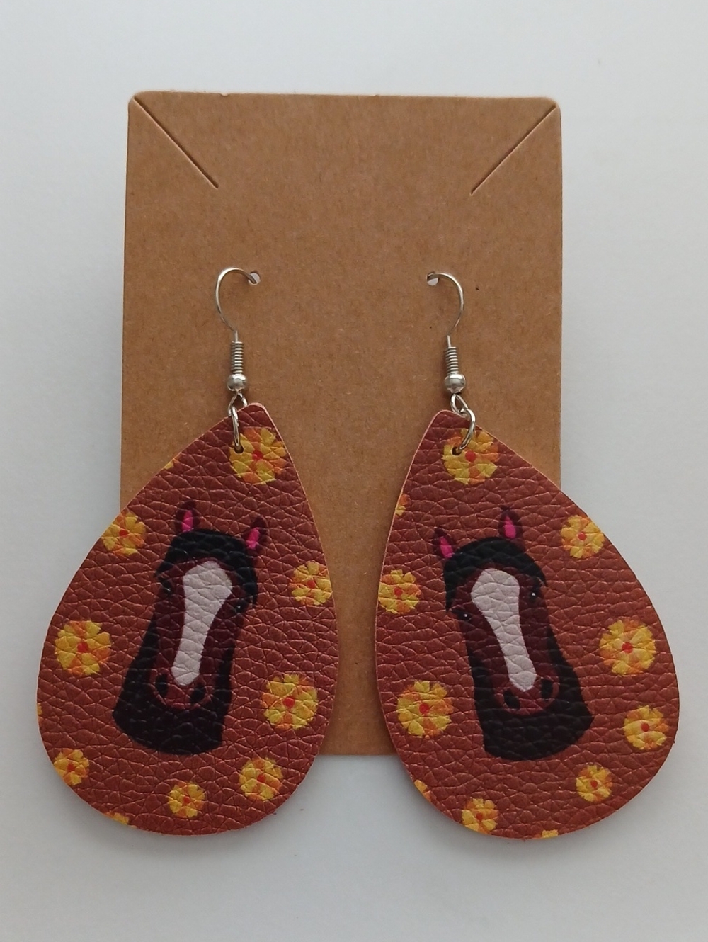 Fashion Jewelry Brown Teardrop Horse Print Earrings with Yellow Floral Accents